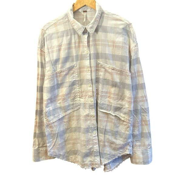 Free People Loveland Purple Pink Plaid Button Up Shirt Large Frayed Hem Preppy - Picture 2 of 6